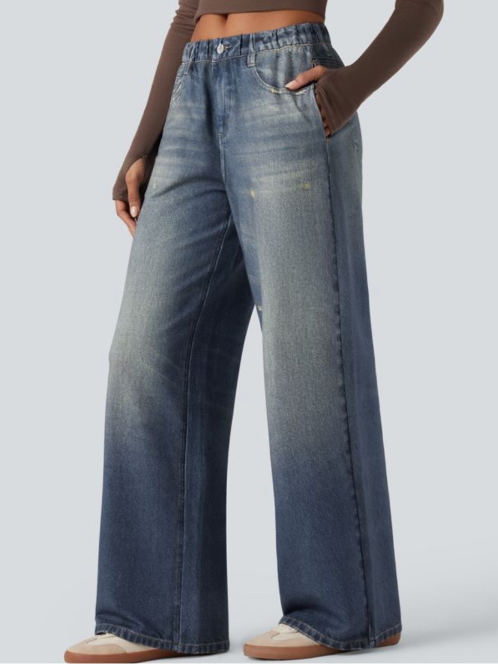 Halara Mid Rise Denim Print French Terry Wide Leg Sweatpant Jeans Blue Medium